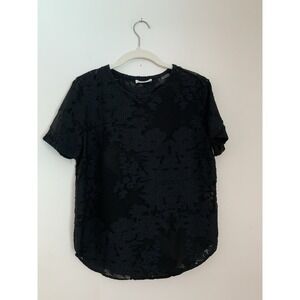 Equipment Femme Sheer Blouse Sz XS Black Lace Floral Short Sleeve Luxe Minimal